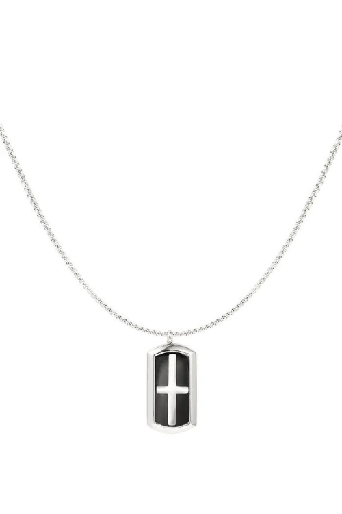 Heren ketting rechthoekige kruis bedel - zilver/zwart